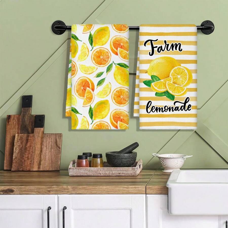 2 Pieces Set, Fresh Lemon Kitchen Towel Lemon Summer Dish Towel Hand Towel Decorative Tea Towel Lemon Bathroom Kitchen Decoration, For Housewarming Gift Dining, Home, Wedding, Banquet, Picnic Buffet Dish Towel, Kitchen Bathroom Supplies - Multicolor - View 1