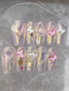 139 Cheese & Salt Crystal Pearl Handmade False Nail Sticker, 10pcs/Pack - Multicolor - View 1