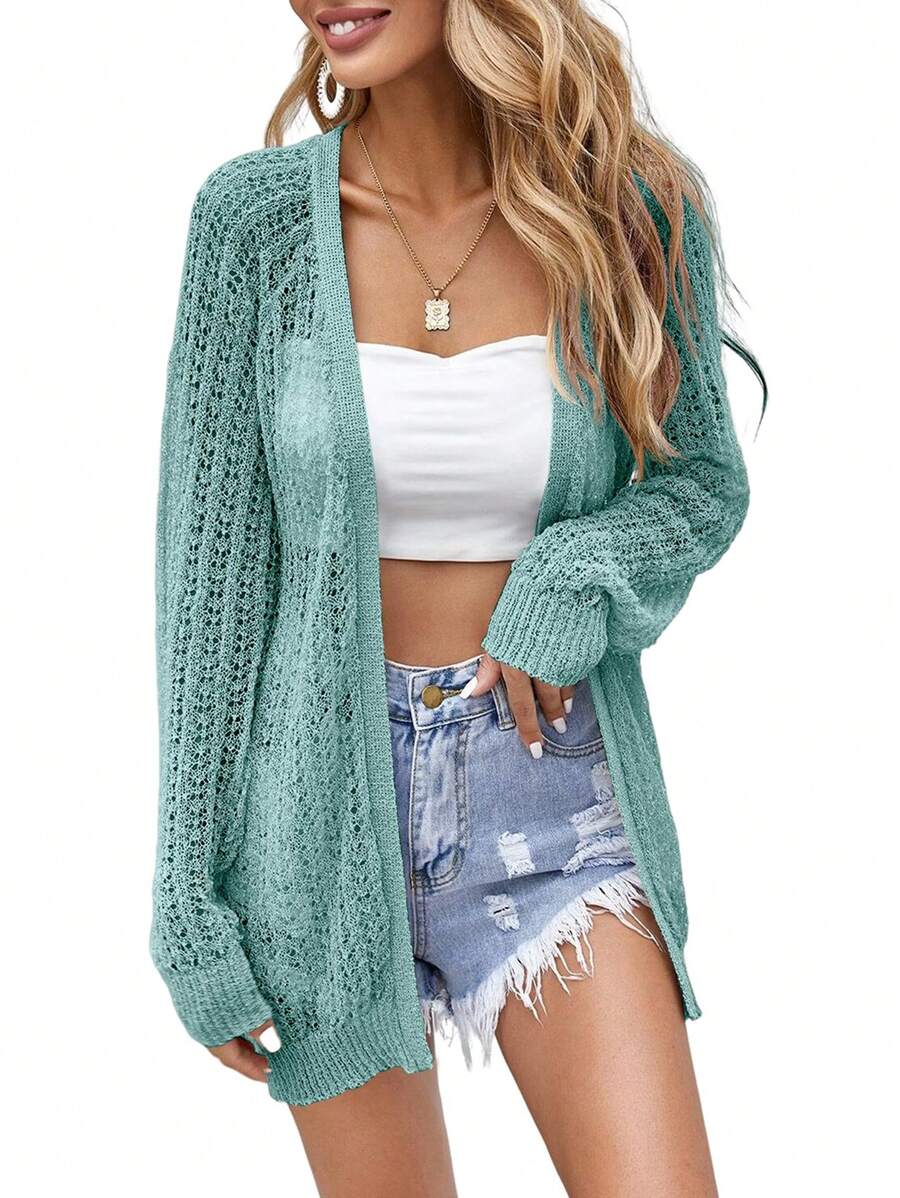 Women Crochet Lightweight Cardigan Cover Up Open Front Long Sleeve Summer Cardigans - Cadet Blue - View 1