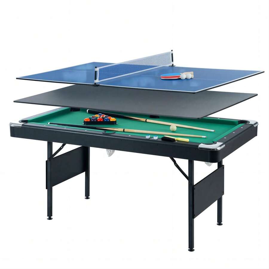 5.5 FT 3-In-1 Portable Pool Table,Stable Pool Table,Mini Billiard Table,Billiard Table,Table Tennis,Dining Table,With Safety Anti Collapse Locks Legs,For Adult/Teenagers/Kids/Family - Blue cloth black - View 1