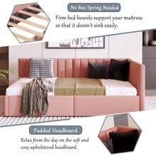 Twin Corner Daybed With 2 Storage Drawers,L Shaped Day Bed With Upholstered Armrest,Modern Sofa Bed Frame,Linen Fabric,No Box Spring Needed - 粉色 - 查看 5