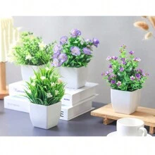 1/2/3/4 件装白色盆栽仿真花，包含 4 株小型仿真花卉，适用于室内家居装饰、办公室、浴室和卧室，内含塑料桉树和迷你小麦草，是桌面仿真植物装饰的理想之选。 - 彩色 - 查看 2