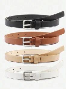 4pcs Women Classic PU Leather Belt Solid Color Simple Skinny Belt With Square Buckle For Jeans Pants Summer, School
