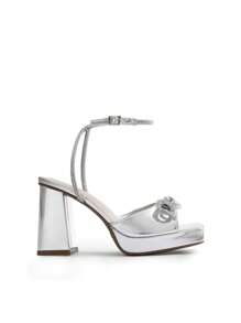 Women Platform Heeled Sandals With Double Bowknots Crystal Decor Fashion Square Toe Chunky High Heeled Sandals For Wedding Prom - 銀色 - 查看 6