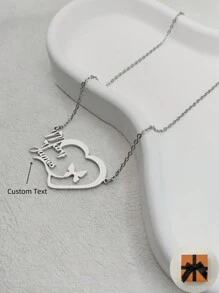1 pieza Collar personalizado con diseño de corazón y mariposa con nombre para mujeres, plata - regalo ideal para festivales y San Valentín