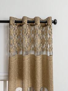 1pc American Style Black Base Fabric Double Row Gold Thread Jacquard Hollow Diamond Pattern Small Flower Transparent Sheer Curtain - Coffee Brown - View 4