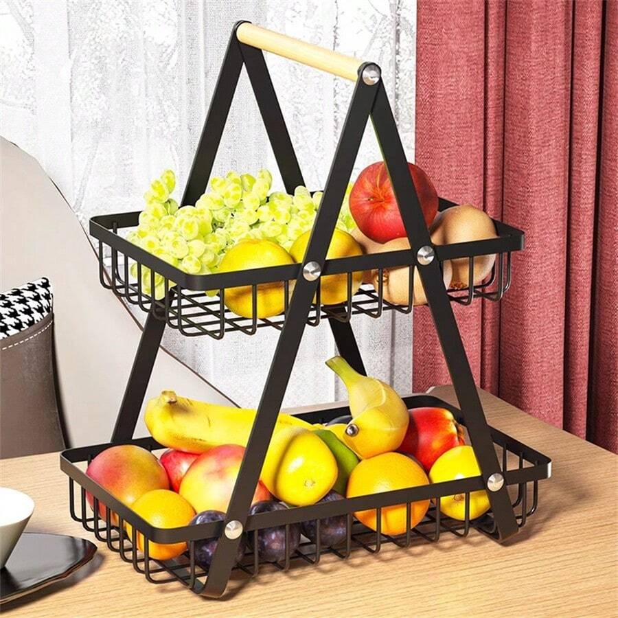 Fruteira de Mesa Média Premium Cesta Frutas de Mesa 39cm Aramado 2 Andares Organizador Multiuso - Preto - Visão 1