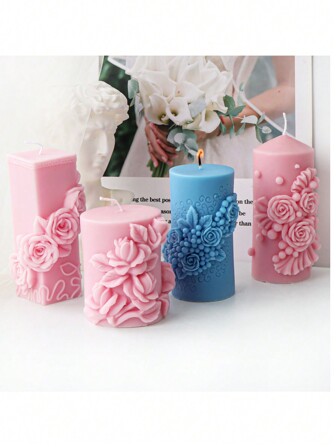4 浮雕花柱硅胶蜡烛模具装饰模具 DIY 石膏模具