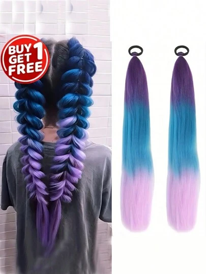 Buy 1 Get 1 Free Colorful Synthetic Straight Ponytail - Easy-To-Wear Elastic Hairpiece - Vibrant Party Clip-In Hair Extension For Girls' Celebration Events