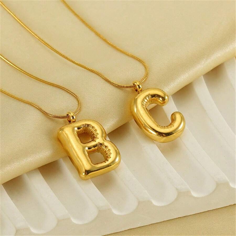 1入組復古不褪色不銹鋼字母氣球吊墜項鍊A-Z任選，精美時尚 - 金色 - 查看 1