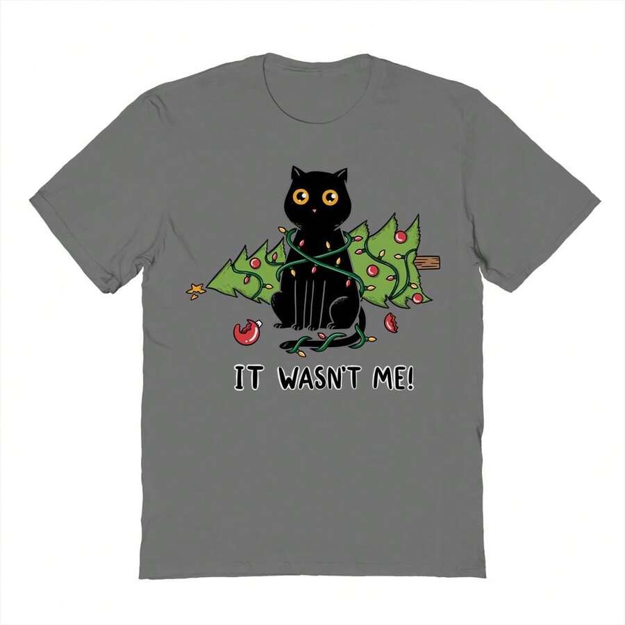 Nearly There Cat And Christmas Tree Graphic Cotton Short-Sleeve T-Shirt - 深灰色 - 查看 1