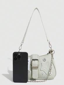 复古 Y2K 风格撞色小包，带星形链条，适合女孩、女士、学生、办公室职员、工作专业人士、通勤者、学校出游，时尚星星印花女包 - 綠色 - 查看 3