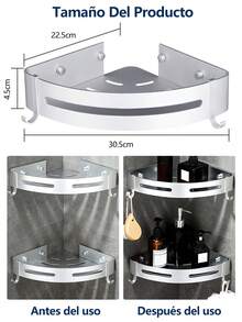 CasaBella 2 Piezas Estante esquinero para baño, Estantes de Almacenamiento montado en la pared de aleación de aluminio, acero inoxidable 304, Estante Baño Sin Taladro, 2 Unidad Estante Montado En La Pared Del Baño Con Ventosa Sin Necesidad De Perforar, con dos ganchos estante de almacenamiento para baño montado en la pared, estante de baño minimalista de color plateado necesario Organizador esquinero de baño, Estante De Sin Perforaciones Montado , Estante De Esquina Para Inodoro De Abs Engrosado, Accesorios De Baño, Organización Del Hogar Y Suministros De Almacenamiento, Repisa para Baño Pared de Acero Inoxidable, Marco de Aluminio de Ultra-Grueso con 2 Ganchos, Para Artículos De Tocador Y Suministros De Baño, Organizador De Estante De Almacenamiento Montado En La Pared - 2 piezas - Ver 4