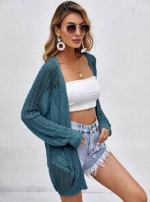 Women Crochet Lightweight Cardigan Cover Up Open Front Long Sleeve Summer Cardigans - Biru - View 2