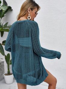 Women Crochet Lightweight Cardigan Cover Up Open Front Long Sleeve Summer Cardigans - Biru - View 3