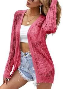 Women Crochet Lightweight Cardigan Cover Up Open Front Long Sleeve Summer Cardigans - Red - View 2