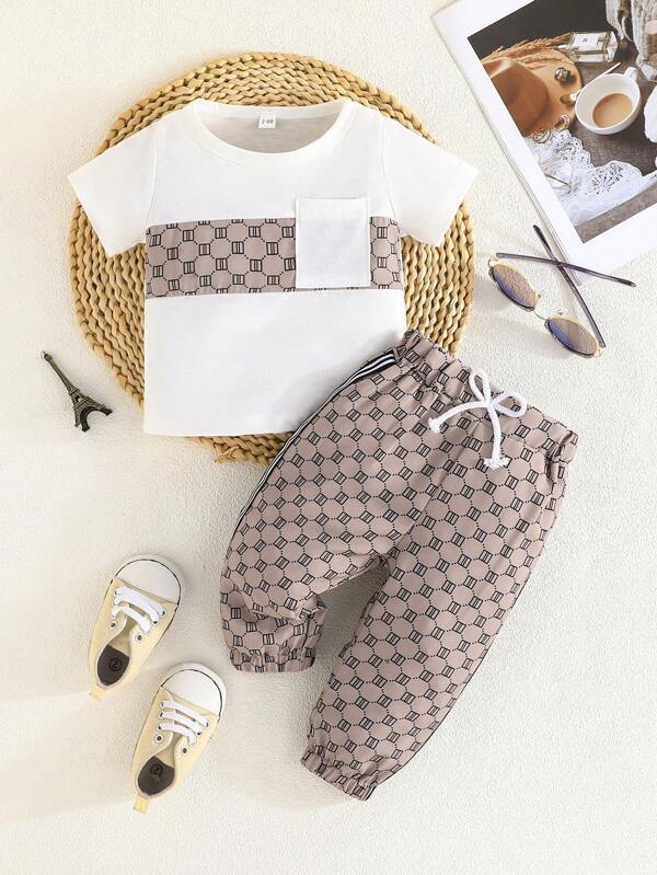 Baby Boy Summer Short Sleeve Printed Top And Casual Long Pants Fashionable 2pcs Set