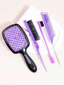 梳子。全新升級！4件套髮刷套裝，1件蓬鬆梳+1件尼龍梳+1件雙面邊緣刷+1件老鼠尾梳，適用於化妝和夏季套裝Y2k