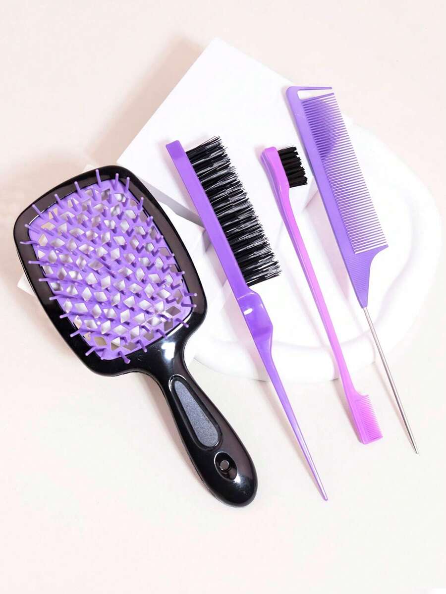 梳子。全新升級！4件套髮刷套裝，1件蓬鬆梳+1件尼龍梳+1件雙面邊緣刷+1件老鼠尾梳，適用於化妝和夏季套裝Y2k