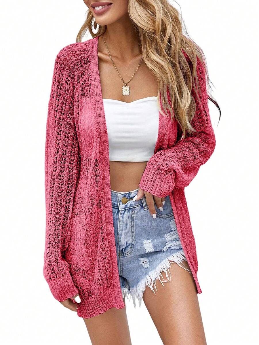 Women Crochet Lightweight Cardigan Cover Up Open Front Long Sleeve Summer Cardigans - Red - View 1