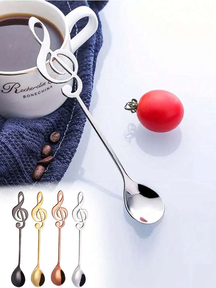 1 pieza Cuchara elegante y versátil de acero inoxidable - Diseño de nota musical para café y postre, ideal para cualquier ambiente - Multicolor - Añade 1