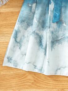 2pcs/Set Girls' Summer Chinese Style Frog Button Collar Puff Sleeve Top And Hanfu-Style Print Skirt Set - Black - View 8