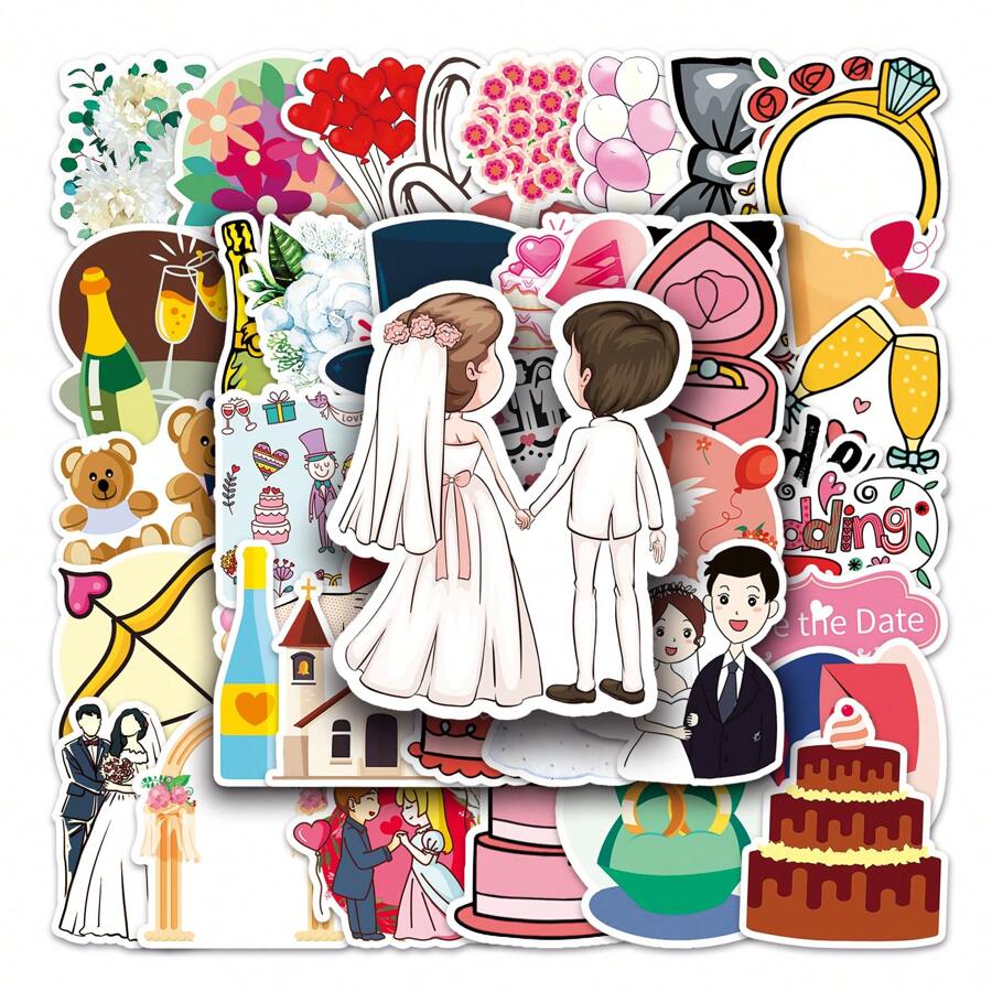 50 Peças Adesivos Engraçados e Fofos para Casamento à Prova d'Água DIY para Telefones, Laptop, Skate, Criativo, Grafite, Carro, Adesivo de Motor, Volta às Aulas, Suprimentos Escolares - Multicolorido - Visão 1