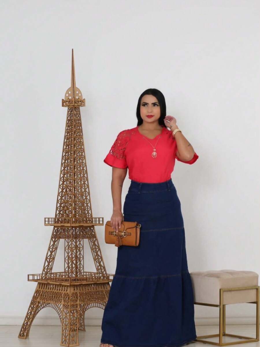 Women Denim Skirts - 深色水洗藍 - 查看 1