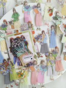 1包/30件女孩拿花款式PET貼紙，手帳裝飾 - 彩色 - 查看 3