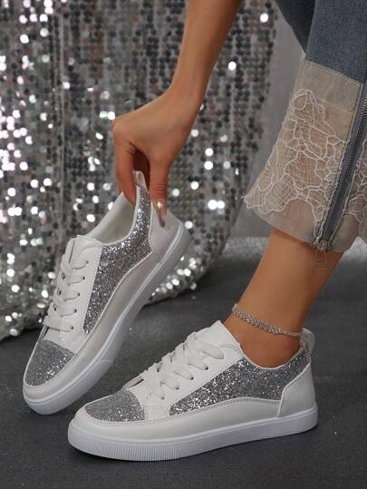 Women's Sparkling White Sneakers, Flat Bottom, Lightweight, Comfortable, Breathable, Fashionable Casual Sports Shoes