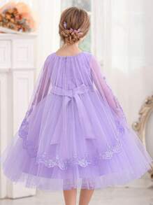 Vestido poncho de encaje y malla para niña, vestido de fiesta elegante de princesa adecuado para el cumpleaños de niñas, bodas, festivales, celebraciones y fiestas de Pascua - Púrpura malva - Ver 2