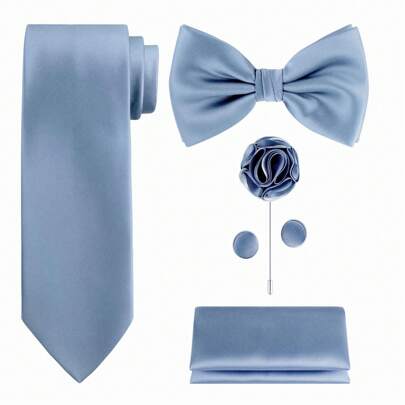 5pcs Tie Set In Gift BOX WHITE OR BLACK: Solid Color Necktie, Satin Bow Tie, Pocket Square, Lapel, Cuff Links