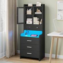 Tall Nightstand With Charging Station, LED Bedside Table With Bookshelf And Drawers, Black - Black - View 8