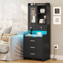 Tall Nightstand With Charging Station, LED Bedside Table With Bookshelf And Drawers, Black - Black - View 9