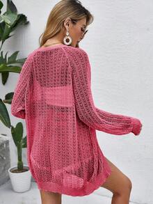 Women Crochet Lightweight Cardigan Cover Up Open Front Long Sleeve Summer Cardigans - Red - View 4