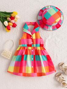 Conjunto de 2 piezas de vestido y sombrero para niñas pequeñas con patrón de cuadros coloridos y estampado, para el verano