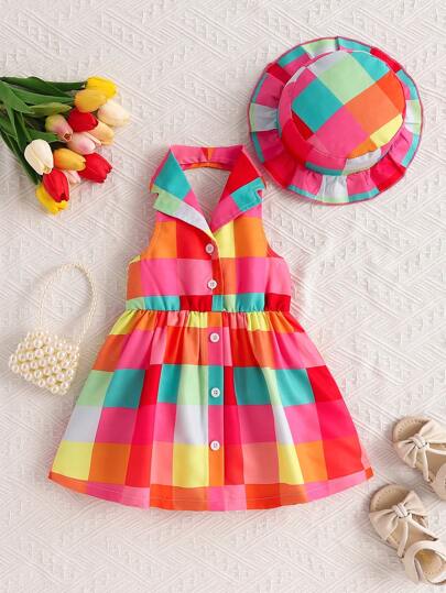 2入組嬰幼女寶寶休閒五彩格紋打印連身裙和帽子套裝，夏季新品