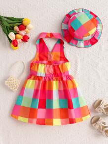 Conjunto de 2 piezas de vestido y sombrero para niñas pequeñas con patrón de cuadros coloridos y estampado, para el verano