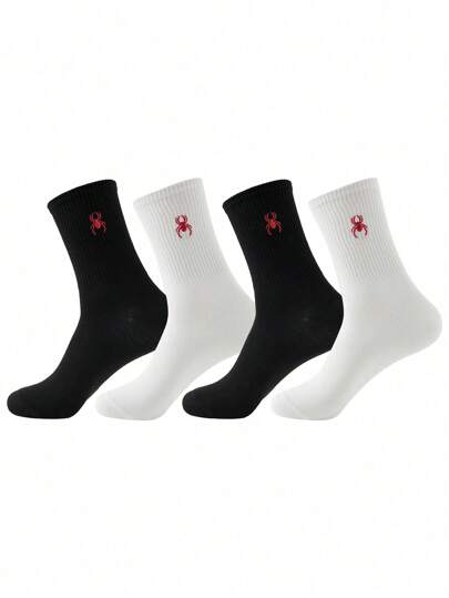 4 双男女通用中筒袜，蜘蛛网图案，纯色，时尚，吸湿排汗，适合任何鞋子，适合返校、秋季、万圣节