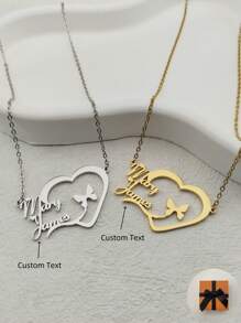 1 pieza Collar personalizado con diseño de corazón y mariposa con nombre para mujeres, plata - regalo ideal para festivales y San Valentín