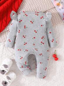 女婴可爱甜美休闲樱桃印花连体衣，荷叶边长袖，春秋季