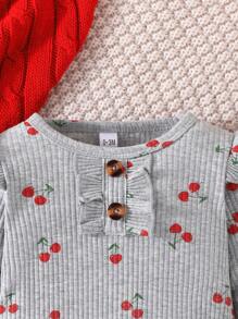 女婴可爱甜美休闲樱桃印花连体衣，荷叶边长袖，春秋季