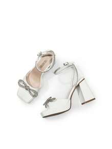 Women Platform Heeled Sandals With Double Bowknots Crystal Decor Fashion Square Toe Chunky High Heeled Sandals For Wedding Prom - 白色 - 查看 8