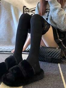 1/2/3双女士纯色蕾丝针织及膝袜，搭配长靴时尚穿搭，修饰腿型，长袜款，适合日常使用 - 黑色 - 查看 2