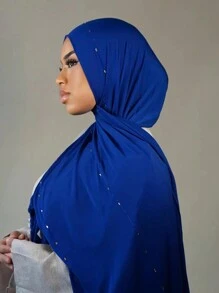 1 pièce Foulard souple en jersey unicolore avec diamants pour femmes, foulard arabe décontracté et long, couleur unie, foulard conservateur, convient pour un usage quotidien