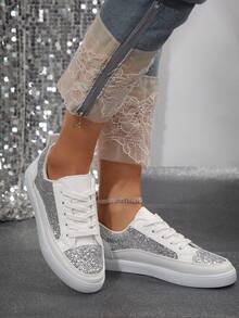 Zapatillas deportivas de moda blancas brillantes para mujer, punta plana, ligeras, cómodas, transpirables - Plateado - Ver 7