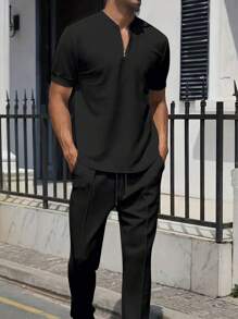 Novo Conjunto de Terno Estilo Namorado para Homens, Camisa Polo de Cor Sólida Versátil Conjunto de Moda Casual Esportiva, Conjuntos de Duas Peças Estilo Namorado para Homens - Preto - Visão 1