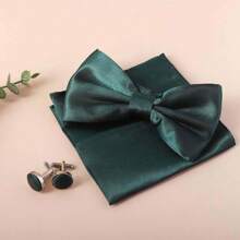 Men Solid Color Pre-Tied Bow Tie And Pocket Square Cufflink Set