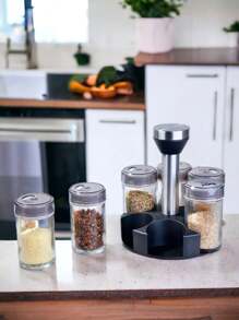 6 piezas de especieros. Especiero giratorio con 6 frascos de vidrio. Especiero Giratorio de Plástico para Condimentos. Set de 6 Especieros. Botes Especieros de Vidrio. Especiero Organizador Giratorio. Productos para Cocina. Artículos para el Hogar. - Negro - Ver 4