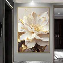 1 pieza/Sin marco, Pintura decorativa de flores blancas florecientes con hojas doradas, cuadro de arte de pared de lona, impresiones de lujo para decoración moderna del hogar en la sala de estar